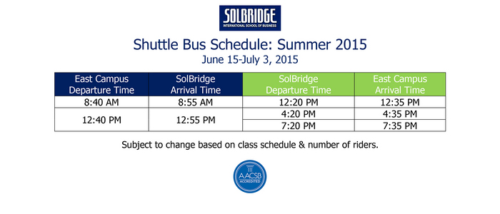 Shuttle Bus Schedule: Summer 2015 (June 15 - July 3, 2015)